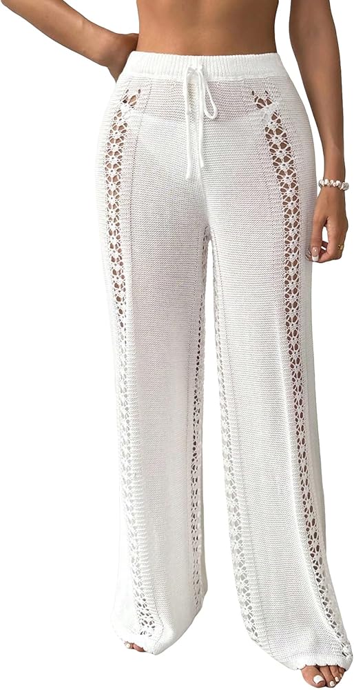 SHENHE Women's Crochet cover ups Hollow Out Drawstring Swimsuit Sheer Boho Long Pants White Large