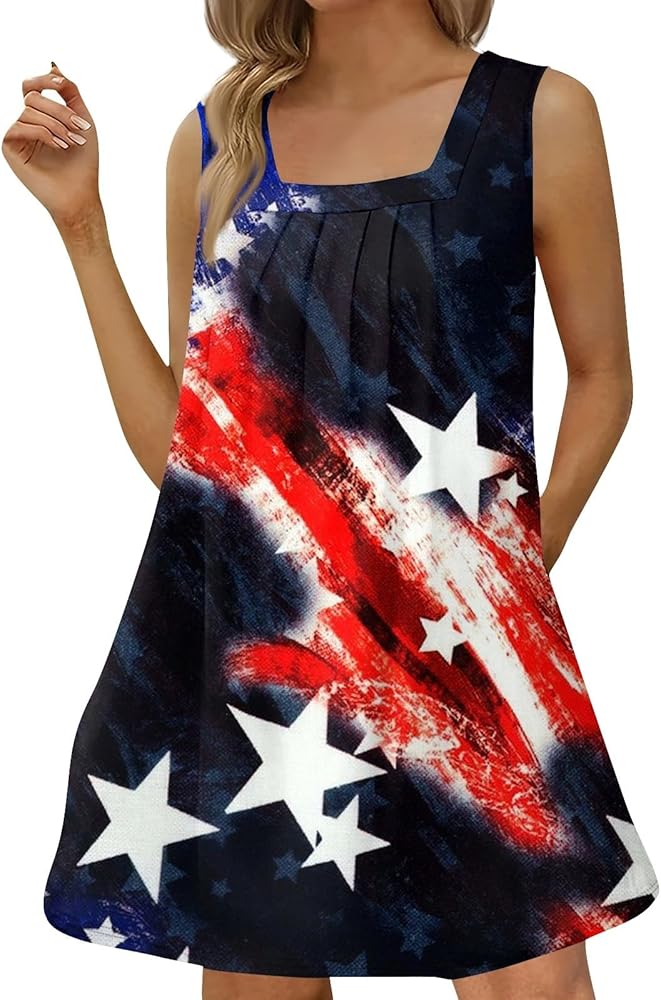 American Flag Dress Women's Patriotic Tshirt Dress for 4th of July Red White and Blue Sundress with Pockets