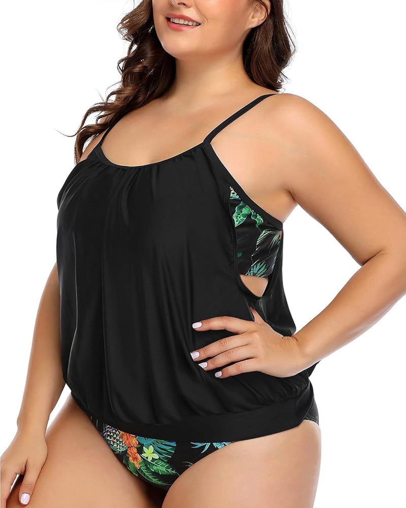 Daci Women Plus Size Tankini Swimsuit Two Piece Tummy Control Bathing Suit Loose Fit Blouson Tankini Top with Bottom