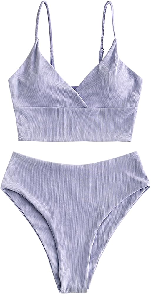 ZAFUL Women's V Neck Tankini Set, Ribbed High Cut Surplice Bikini High Waisted Two Piece Swimsuit