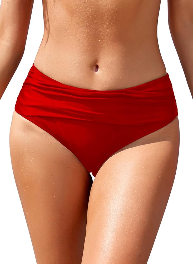 SHEKINI Women's Bikini Bottoms Ruched Black Swimsuit Tummy Control Swim Bottoms