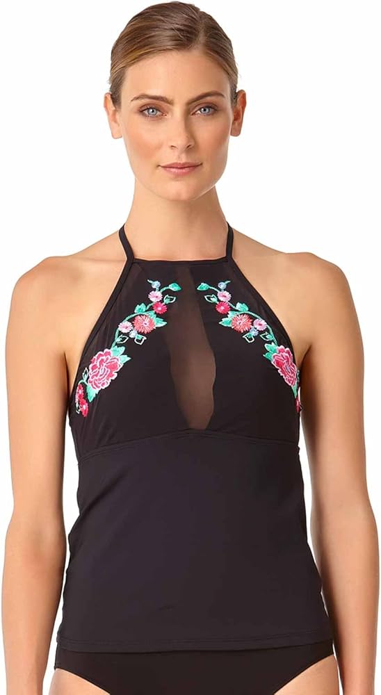 Anne Cole Women's Floral Embroidered High Neck Tankini Swim Top