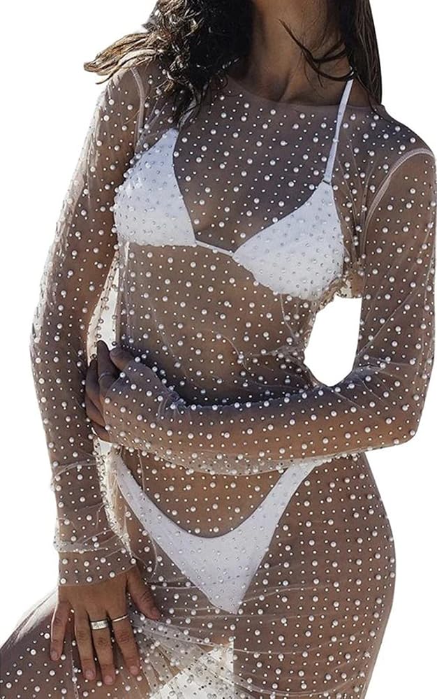 Women's Sheer Mesh Pearl Rhinestone Cover Up Beach Dress Swimwear Bikini Swimsuit Bathing Suit Coverups