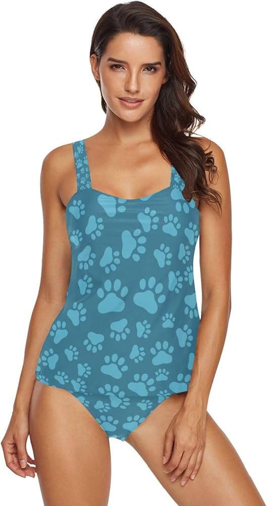 Dog Paw 2 Piece Women Tankini Swimsuit Tummy Control Sport Bathing Suit with Bikini Bottom