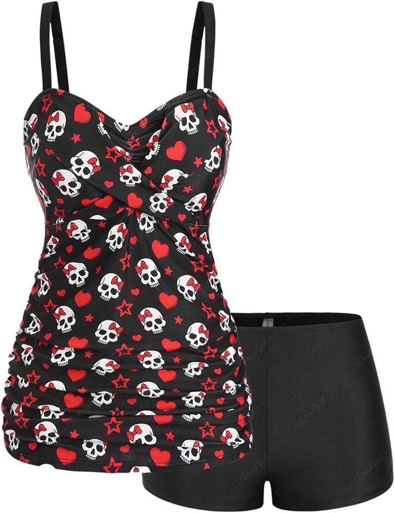 ROSE GAL Rosegal Plus Size Women 2 Piece Swimsuit Skull Heart Print Ruched Tummy Control Tankini Swimwear