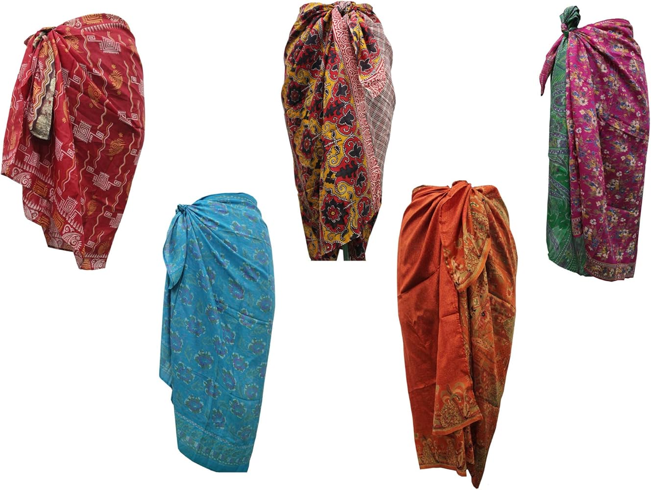 Vintage Silk Sari Women Sarong Beach Dress Cover Up Wrap Floral Set of 5 Pieces Assorted Colours Multicolor