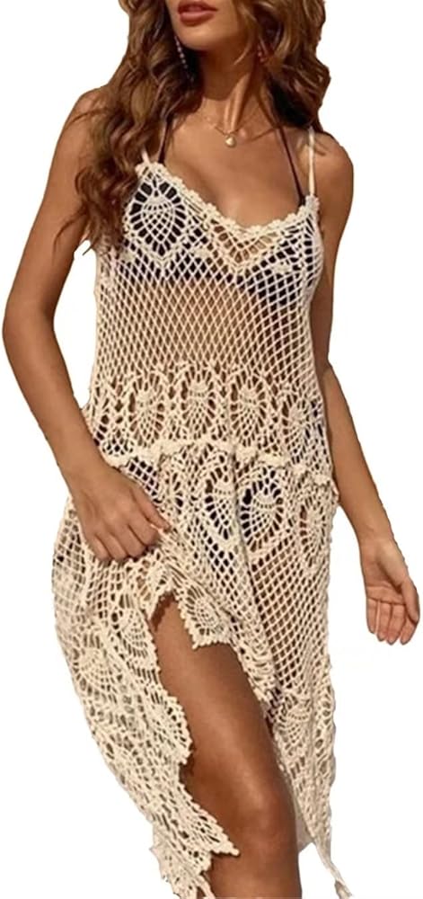 Off White Crochet Cover Ups for Swimwear High Low Boho Mesh Beach Dress with Shoulder Straps