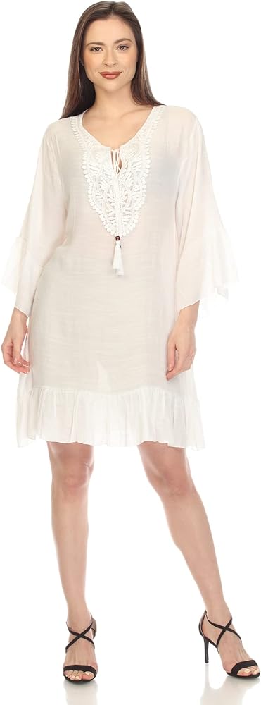 white mark Women's Sheer Crochet with Tie Closure 3/4 Sleeve Cover-Up