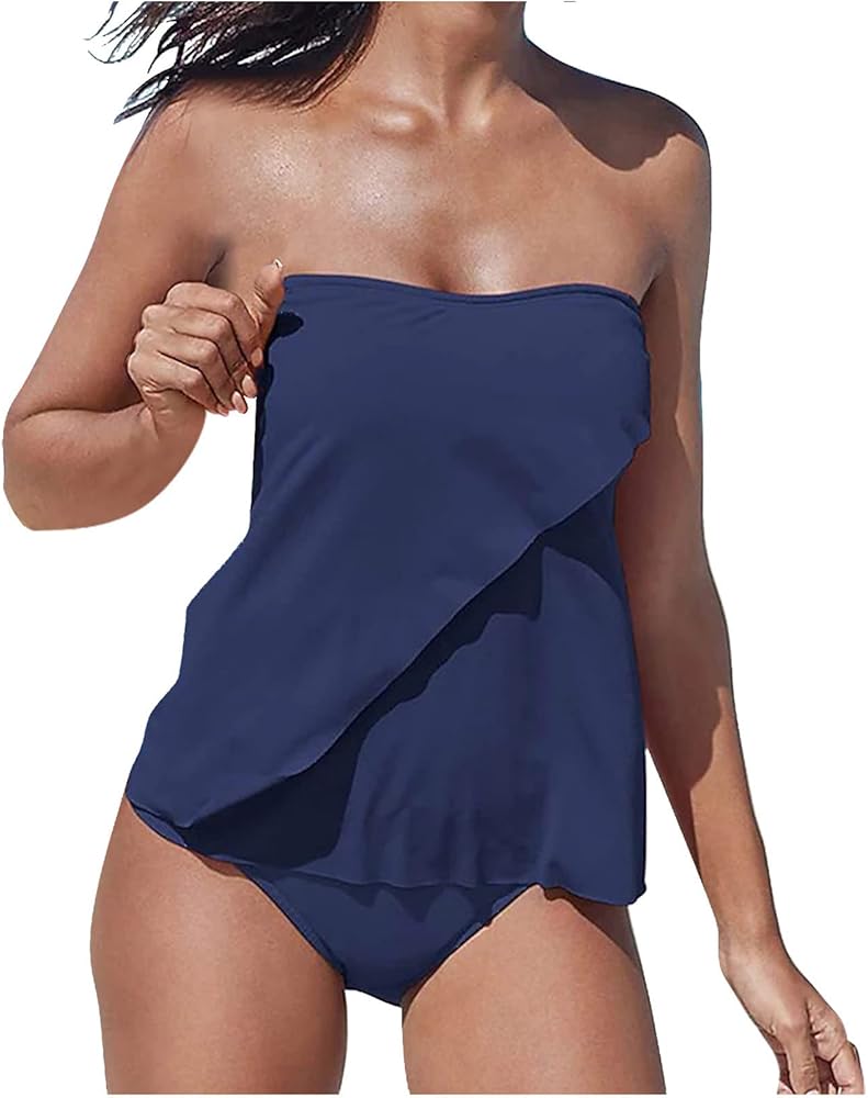 oiangi Bandeau Tankini Swimsuit for Women with Removable Straps Tummy Control Two Piece Bathing Suits with Bikini Bottoms