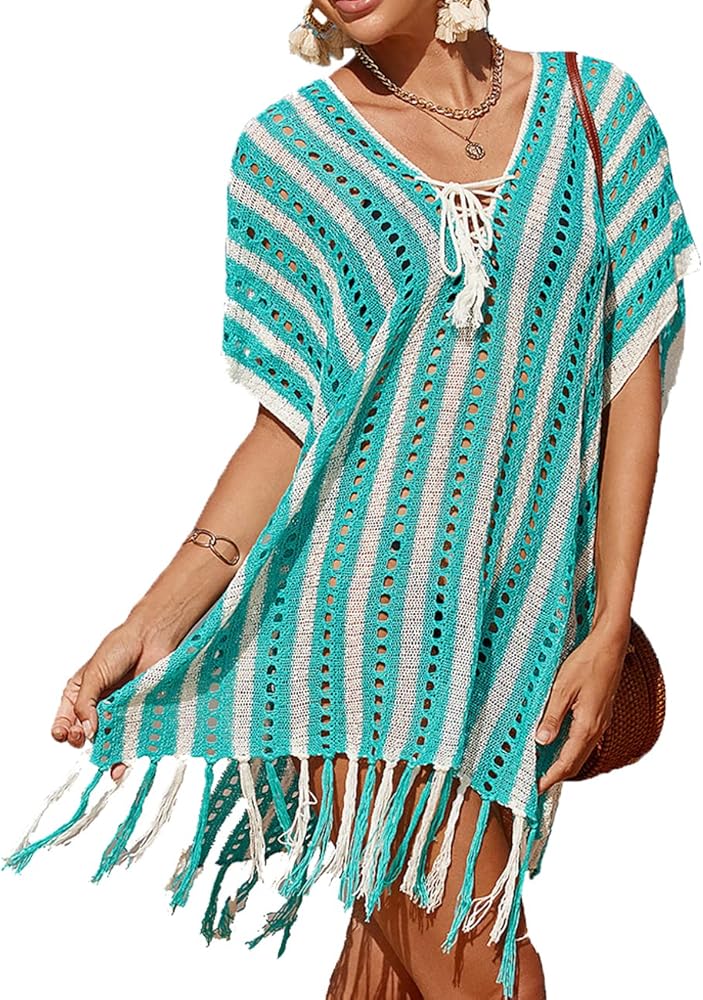 Ckikiou Loose Crochet Batwing Short Sleeve Tassel Swimsuit for Women Summer Cute Striped Color Block Boho Beach Cover Up