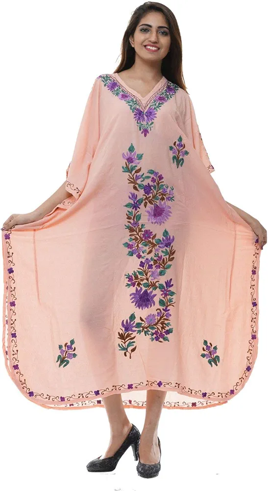 Kashmiri Embroidered Long Kaftan Maxi Dress Beach Cover up for Women (DX001HLAFQB)