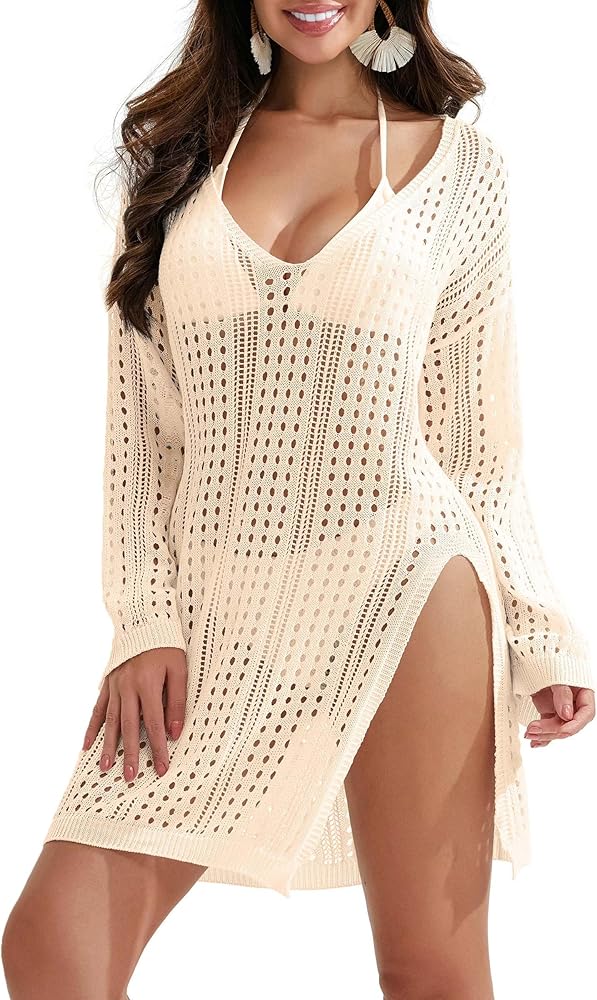 Women Swimsuit Coverup Beach Dress Crochet Bathing Side Split Loose Fit Hollow Out Swimwear Summer Dresses