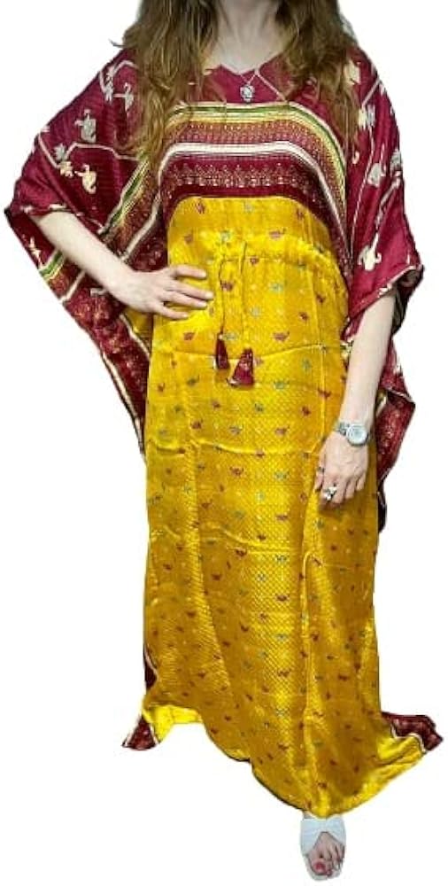 Yellow Floral Print Long Kaftan Caftan Tunic Dress Loungewear Maxi Plus Size Cover up Dresses Bathing Suit Cover Up Nightwear nigty Nightdress Beachwear Swimsuit Summer Dress for Women