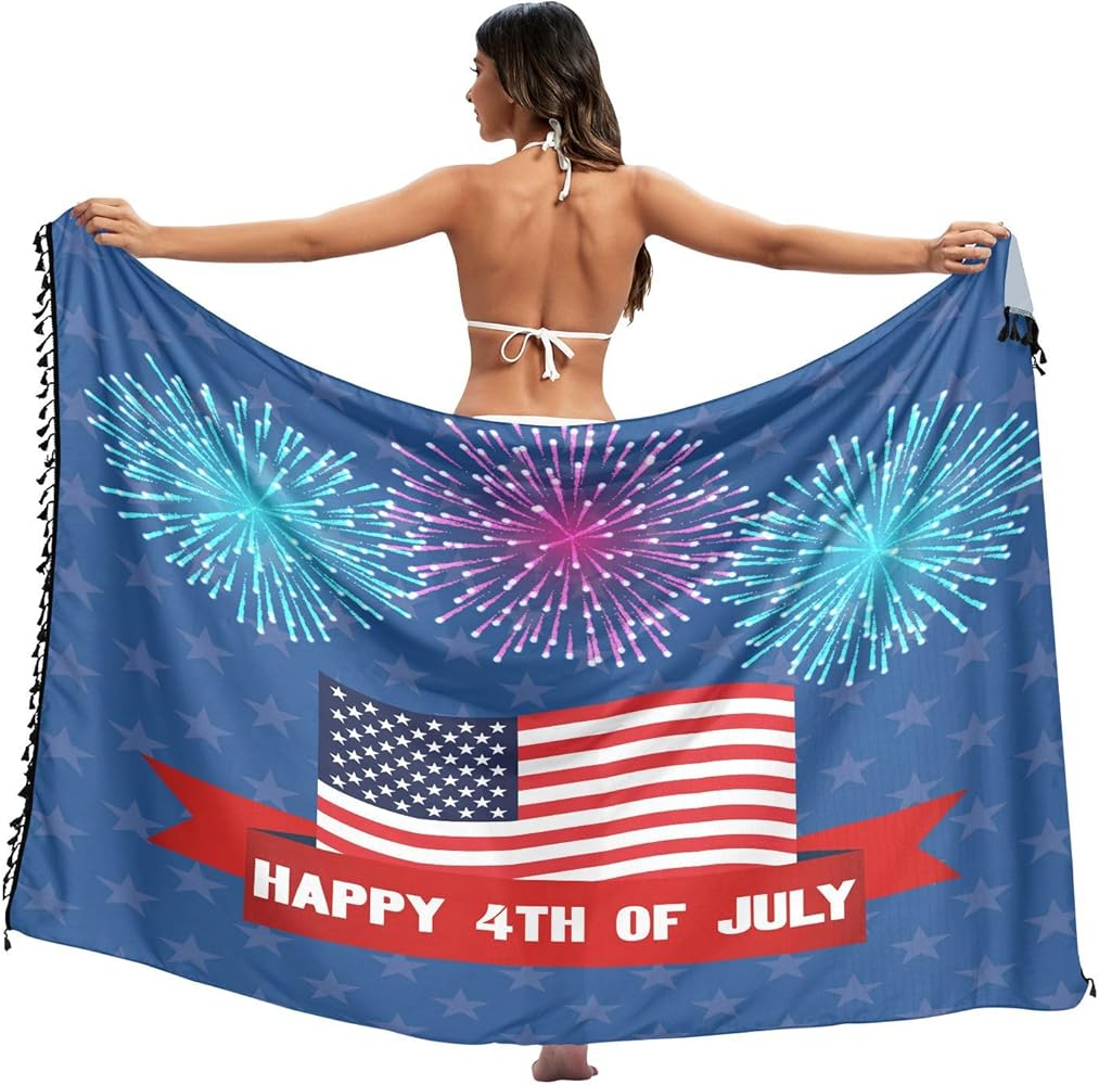 4th of July Women's Beach Sarong Coverups Summer Bikini Swimsuit Wrap Skirts with Tassels