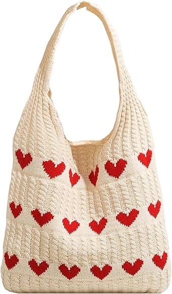 HDGSAFD 1 pieza en forma de corazón patrón bolso de punto, bolso de mujer, bolso de hombro lindo, bolso tejido para mujer, bolso de punto, bolso, albaricoque