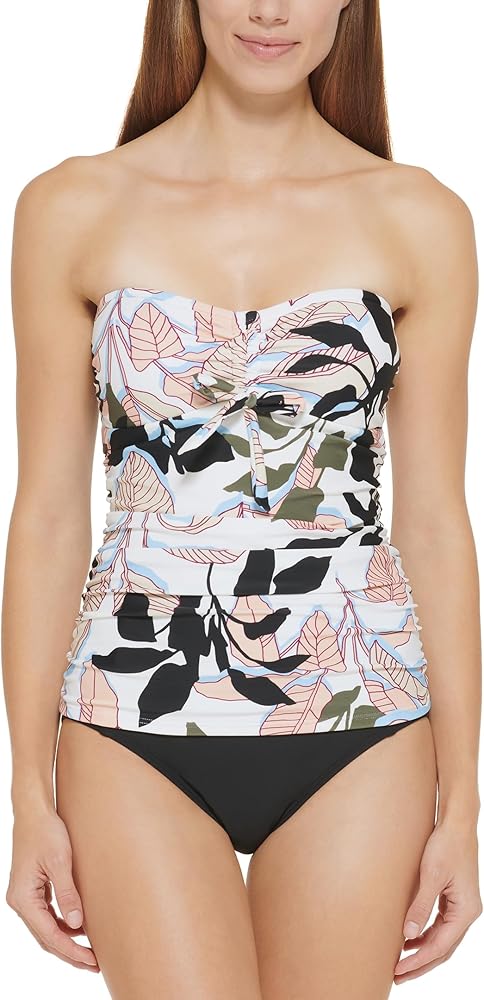 DKNY Printed Bandeau Bow Tankini Top Women's Swimsuit Welcome to The Jungle White Medium