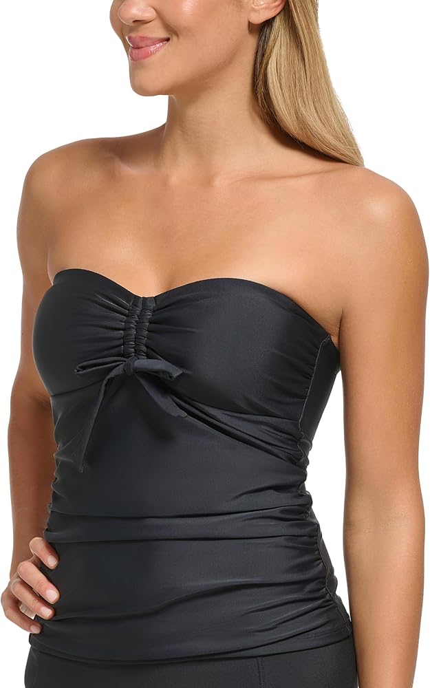 DKNY Women's Solid Bandeau Bow-Front Removable-Strap Tankini Top (Black, X-Small)