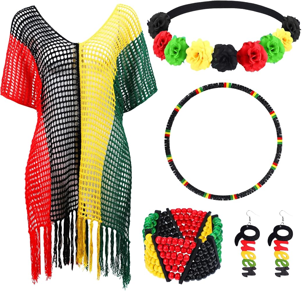 5 Pcs Jamaican Cover Ups Women African Beach Accessories Set Rainbow Crochet Dress Jamaican Outfits for Summer Boho Jewelry