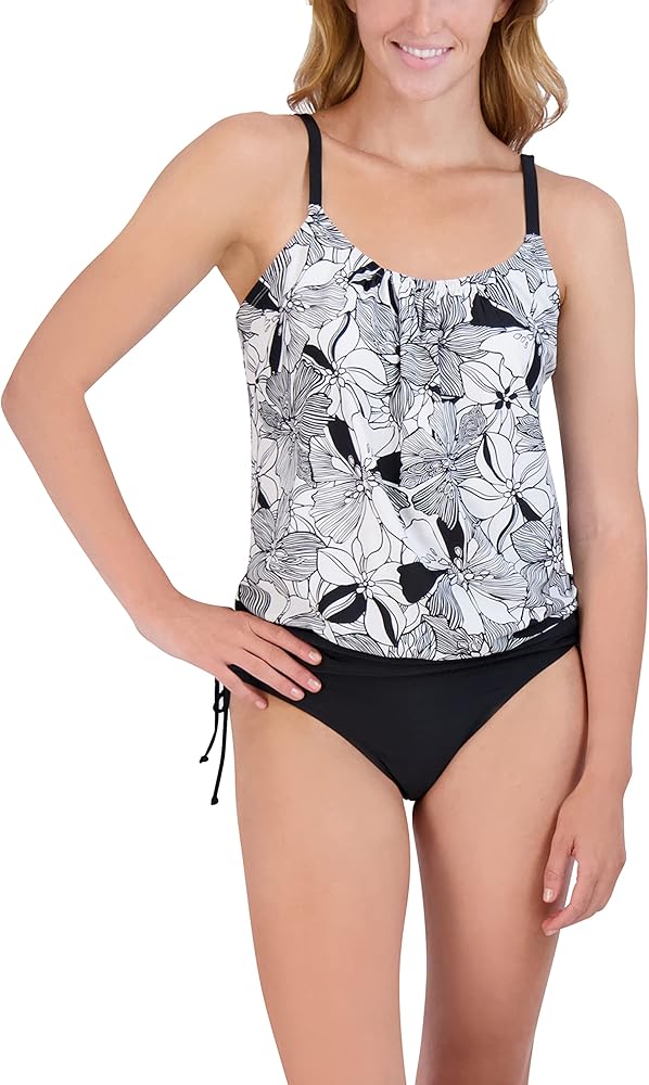 Stella Parker Women's Standard Blouson Tankini Tummy Control Quick Dry Removable Cups Adjustable Strap Swimsuit Set, Black Multi