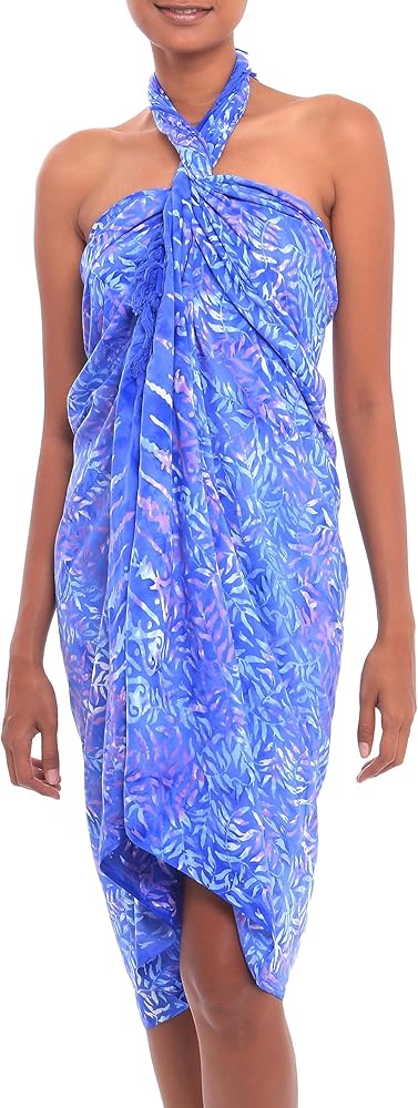 NOVICA Artisan Handmade Batik Rayon Sarong Leaf Motif in Sky Blue from Bali Clothing Purple Printed Indonesia Tree ' Heavenly Palm'