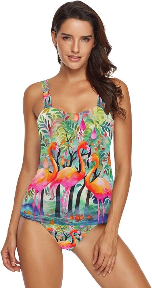 Watercolor Flamingos Tankini Bathing Suits for Women Tummy Control Two Piece Tankini Swimsuit with Bikini Bottom