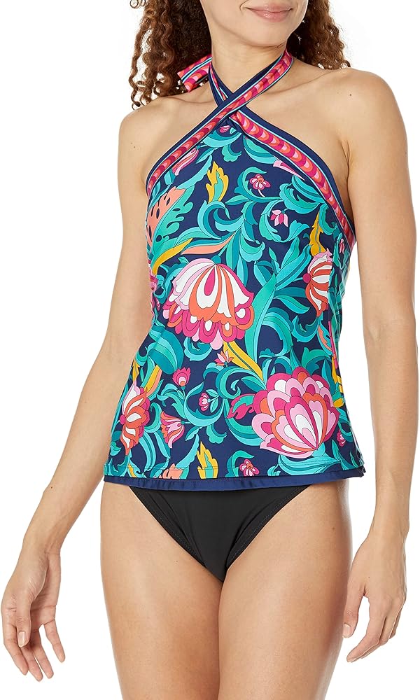 Trina Turk Women's Standard India Garden Reversible High Neck Tankini Top-Swimwear Separates