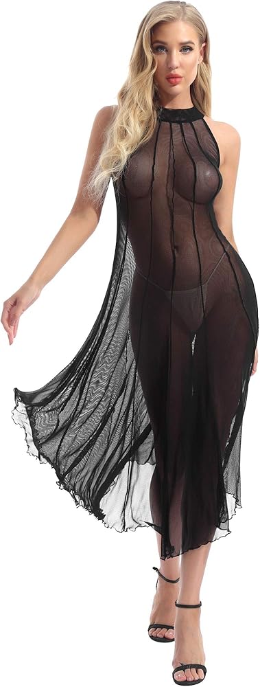 YiZYiF Women Sexy Halter Sleeveless Mesh See Through Long Dress Beach Bikini Swimsuit Cover Ups