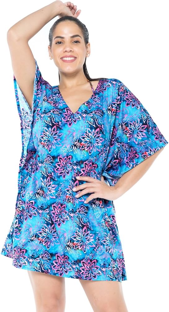 LA LEELA Women's Beachwear Summer Swim Beach Dress Cover Ups for Swimwear Women Loose Bohemian Swimsuit Coverups for Women 1X-2X Lapis, Floral