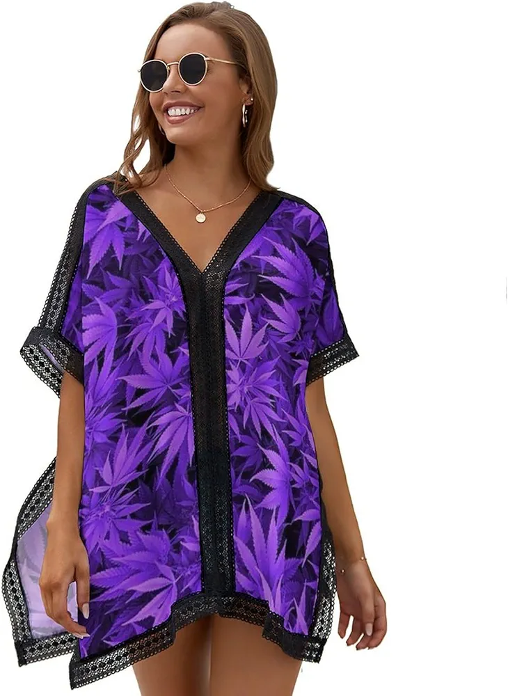 Purple Pot Leaf Weed Women's Swimsuit Cover Up 3/4 Sleeve Beachwear Bikini Coverups Oversized Bathing Suit Dress