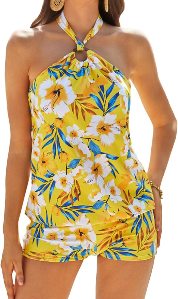 GRACE KARIN Tankini Bathing Suits for Women Two Piece Swimsuit with Shorts Halter Tie Up Neck Backless Floral Print Swimwear