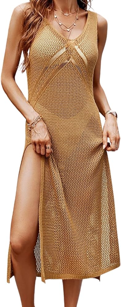 CUPSHE Women Crochet Swimsuit Cover Up Sleeveless Hollow Out Long Swim Coverup 2024 Split Mesh Beach Dress