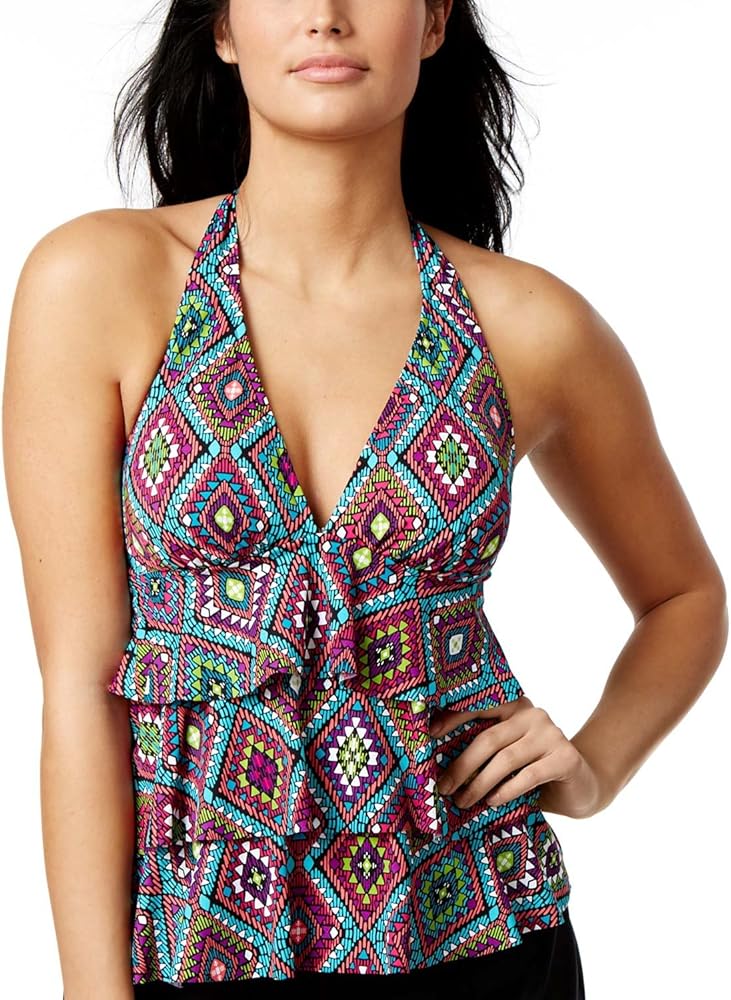 Women's Santa Fe Geometric-Print Tiered Halter Tankini Top