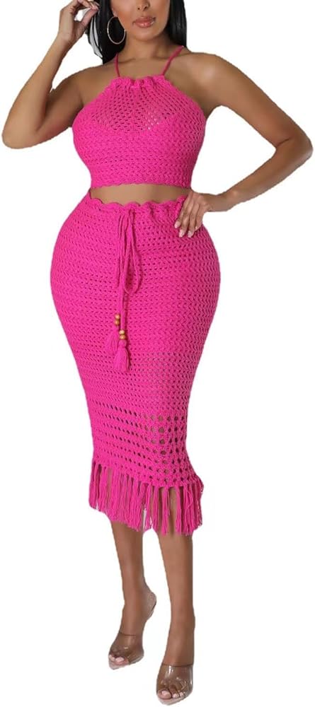 Women Plus Two-Piece Skirt Set Tassel Fishing Net Knittin Hollow Out Off Shoulder Beach Dresses Swimsuit Cover Ups