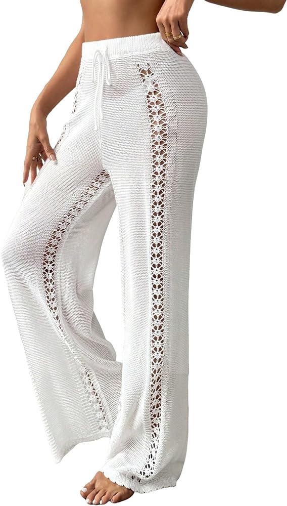 MakeMeChic Women's Hollow Out Crochet Cover Up Pants See Through Cover Ups Swimwear Beach Pants