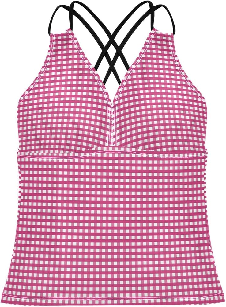 Pink Gingham Women's Tankini Tops Swimsuits Tummy Control Bathing Suit Tops