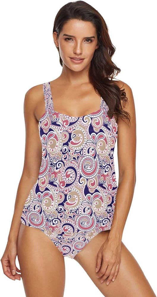 Paisley 2 Piece Women Tankini Swimsuit Tummy Control Sport Bathing Suit with Bikini Bottom