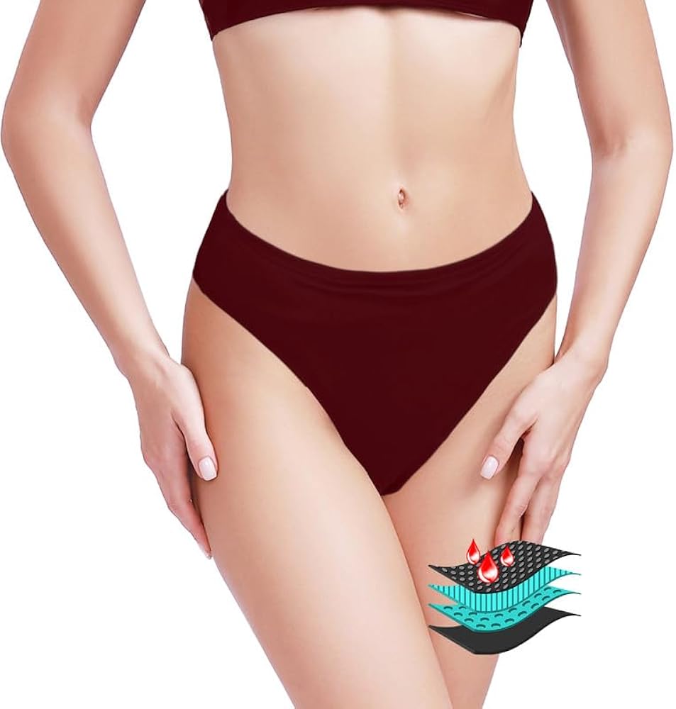 Period Swimwear - Menstrual Leakproof Bikini Bottoms - Mid Waisted Swim Bottoms for Teens, Girls, Women-Wine Red-XXS