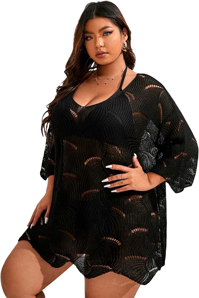 MakeMeChic Women's Plus Size Swimsuit Crochet Cover Up Bathing Suit Beach Dress