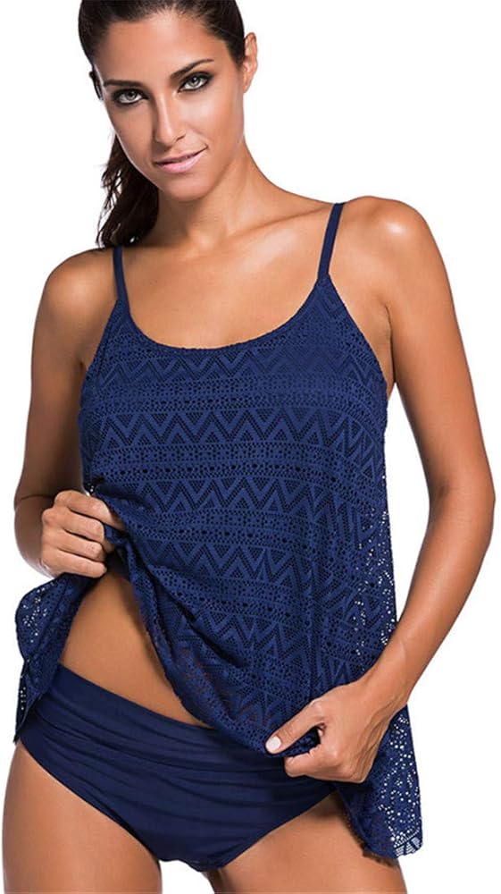 Womens Layered Lace Mesh Swimsuit Solid Ruched Tankini Bathing Suit