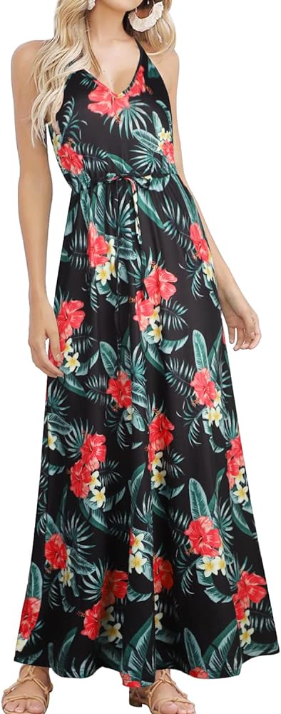 HUSKARY Womens Sleeveless V Neck Spaghetti Strap Pockets Beach Boho Tropical Summer Maxi Dress