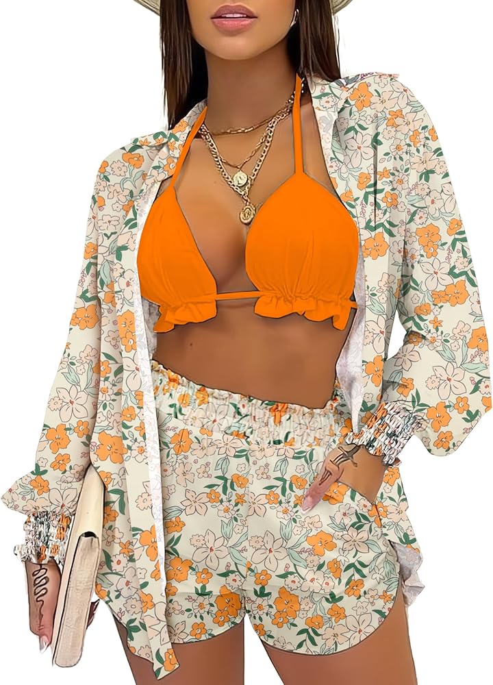 3 Piece Swimsuits for Women Hawaiian Outfits Floral Tropical Bikini & Short Sets Summer Beach Sexy Cover Ups Luau Party