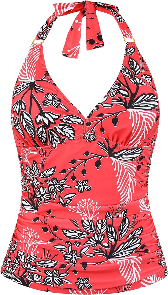 Firpearl Women's Halter Tankini Tops Only V Neck Swimsuit Ruched Tummy Control Bathing Suit Tops