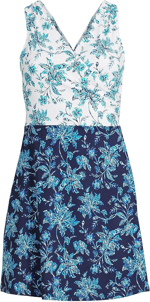 Lands' End Womens Chlorine Resistant Surplice Swim Dress Control Navy/White Jacobean Mix Petite 8