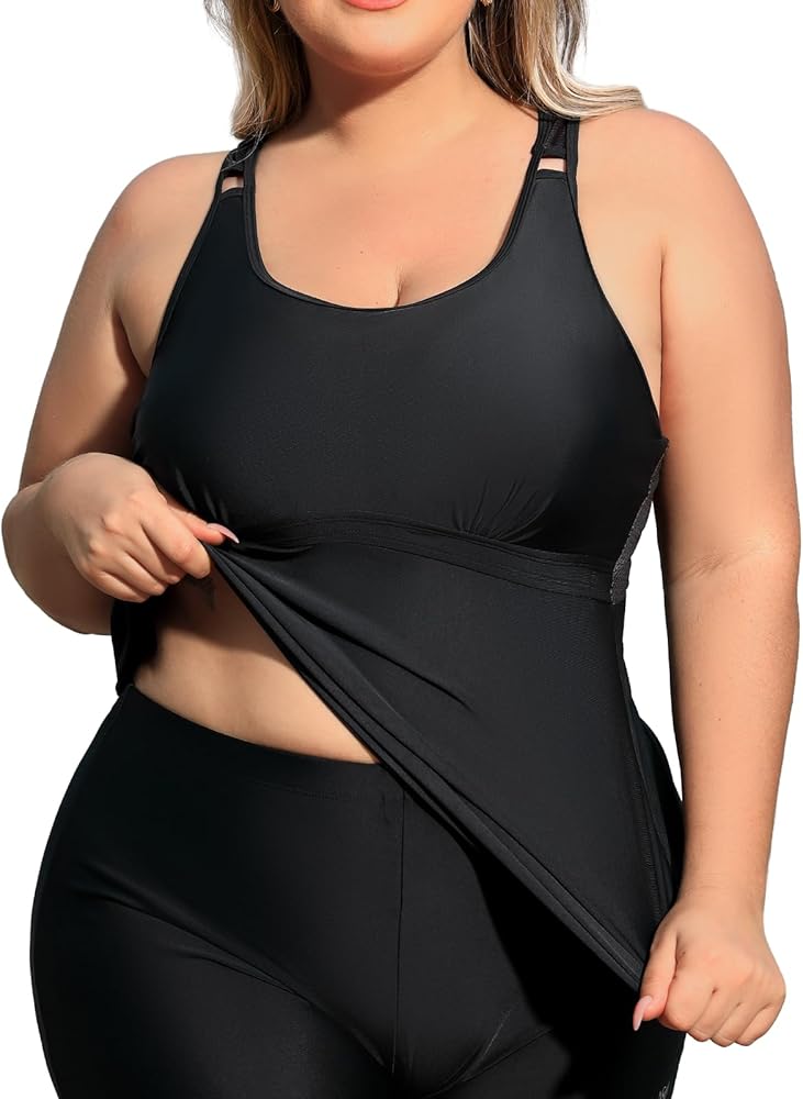 Plus Size Tankini Swimsuits for Women Zippered Two Piece with Shorts-Recommend Smaller One