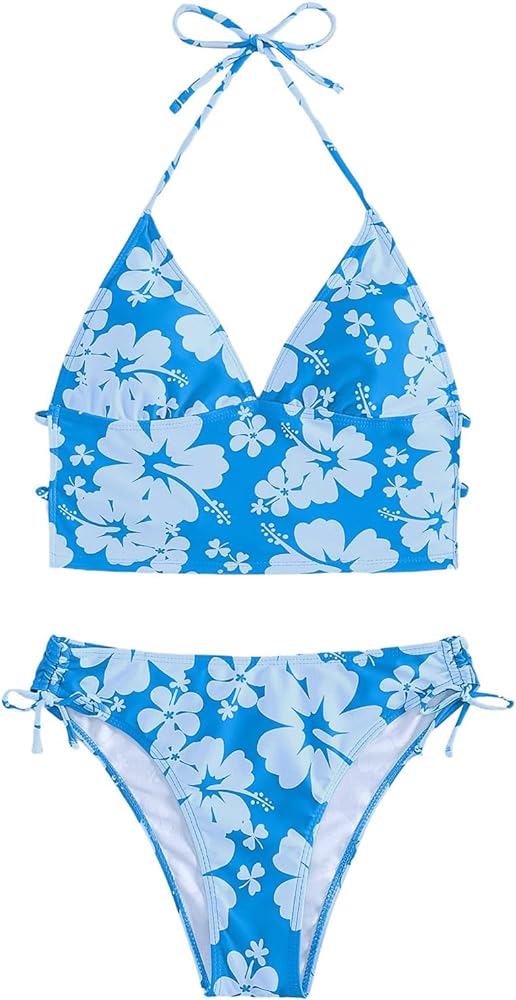 Floerns Women's 2 Piece Floral Print Halter Tie Back Crop Top and Bottoms Bikini Set