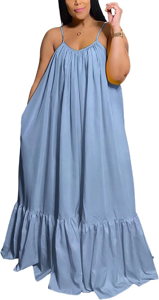 Adogirl Women's Sexy Spaghetti Strap Sleeveless Ruched Ruffle Hem Bandage Oversized Beach Loose Long Maxi Swing Dress