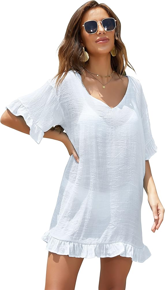 FANCYINN Womens Cute Beach Cover Ups Dress Ruffle Sleeve Hem Deep V Sheer Swimsuit Bathing Suit Resort Wear