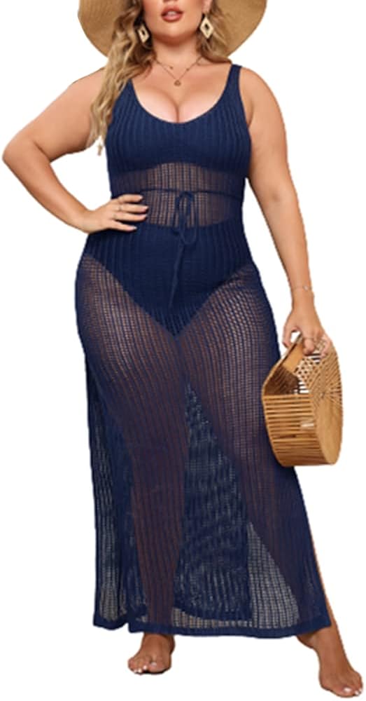 Women Plus Size Crochet Cover Ups Hollow Out Sleeveless Split Bikini Swimsuit Long Beach Dresses