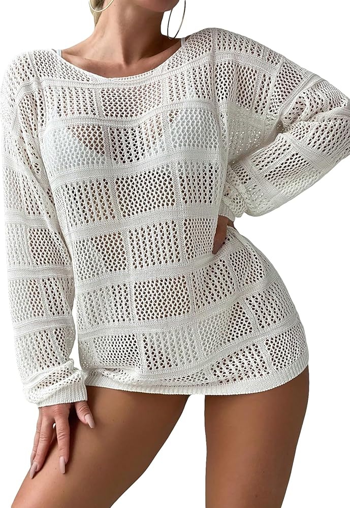 Verdusa Women's Hollow Out Crochet Beach Dress Long Sleeve Swimsuit Cover Up