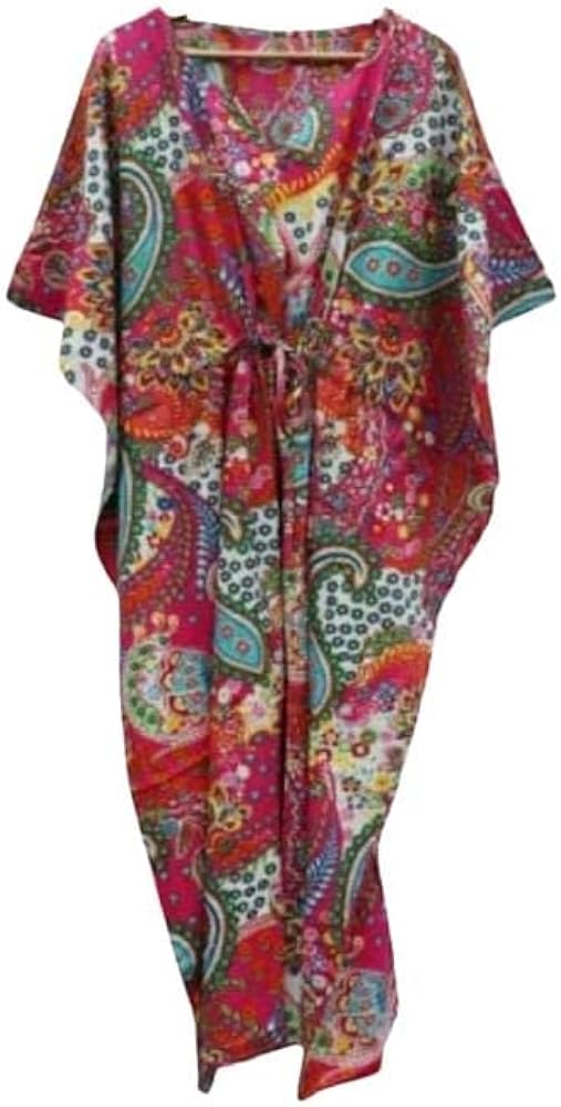 Indian Hand Block Paisley Print Cotton Kaftan Beach Wear Cover Up Night Gown Sleepwear Kaftan Bridesmaid Kaftan Longwear (Green)